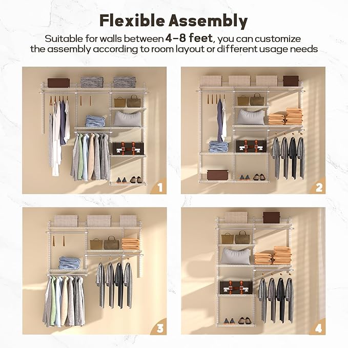 Homde Closet Organizer System Wall Mounted, 4-8 Ft. Adjustable and Expandable Metal Wire Shelving , Custom DIY Wardrobe Kit with Shelf, Clothes Hanging Rods,White