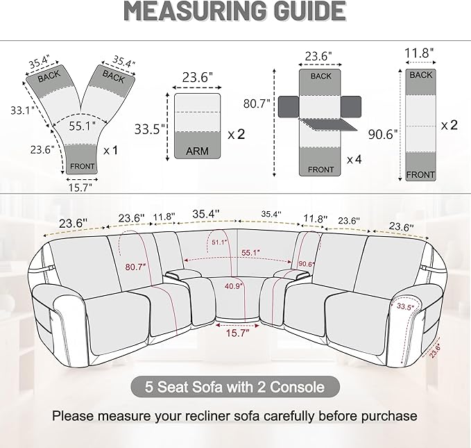 Reclining Sectional Couch Covers 100% Waterproof Velvet L Shape Recliner Sofa Cover for Dogs Pets Washable Anti Slip Recliner Slipcovers with Pockets (5 Seat Sofa with 2 Console, Light Tan)