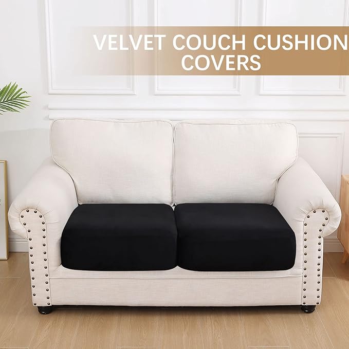 hyha Velvet Couch Cushion Covers, Soft Sofa Seat Covers for sectional 2 Cushion Couch Washable, Magic Sofa Slipcover with Elastic Bottom, Non-Slip Furniture Protector for Pets, Kid(2PC, Black)