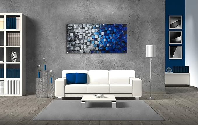 Textured Abstract Squares Canvas Wall Art Modern Dark Blue and Silver Oil Painting 100% Hand Painted 3D Effect Artwork Frame Ready to Hang Decor for Home and Office 40x20inch