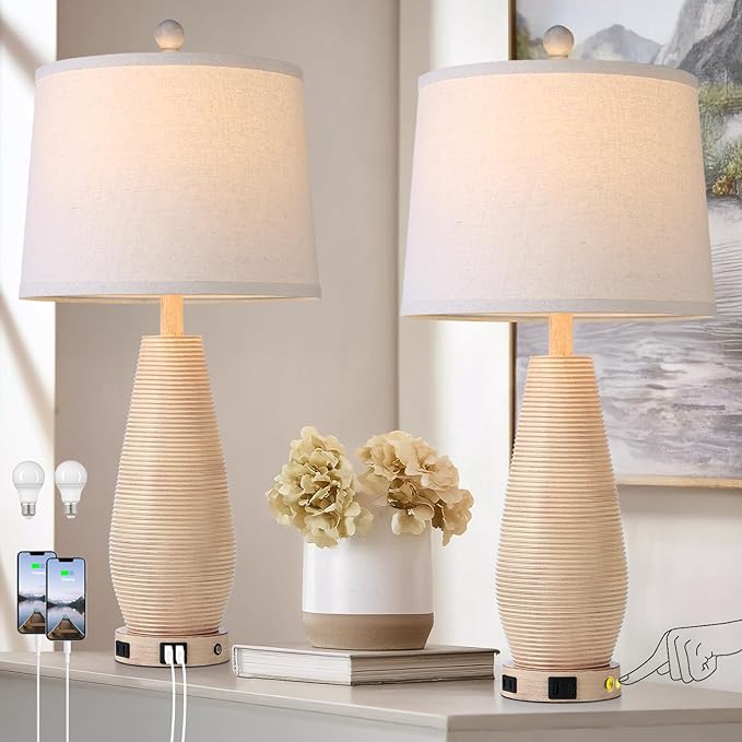 Farmhouse Table Lamps Set of 2 with USB C+A Ports and AC Outlet, 26.5" Cream Vintage Lamps for Bedroom Nightstand