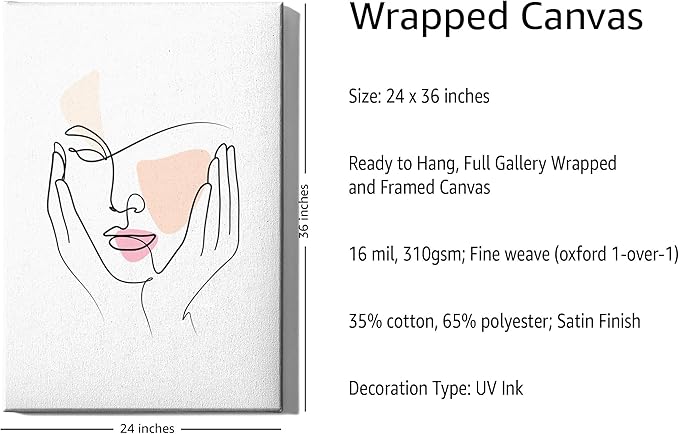 Aesthetic Face Wrapped Canvas Wall Art Hands on Cheeks Continuous Line Drawing Abstract Pink 24x36 Inch Gallery Stretched Modern Home Art Decor