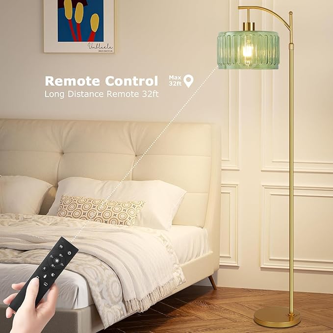Glass Floor Lamp for Living Room,Bedroom,Gold Dimmable Standing Lamp with Remote,Mid Century Modern Brass Tall Lamp Boho Vintage Retro Floor Lamps Arc Green Flower Floor Light Lamp Bohemian