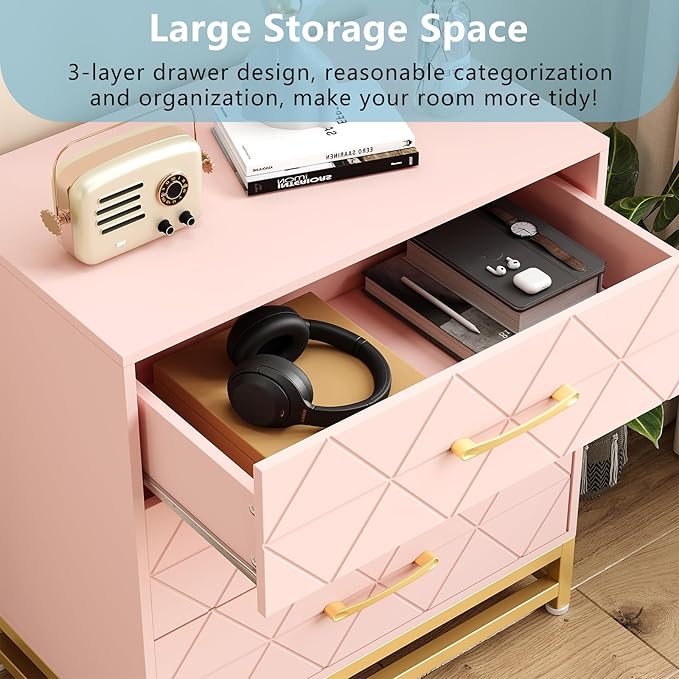 GarveeHome Wooden Dresser for Bedroom, Dressers & Chest of Drawers with 3 Drawer, Wood nightstand for Storage and Organization (Pink)