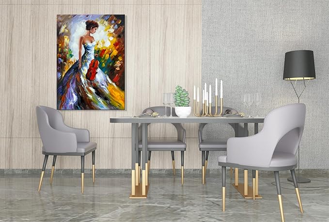zoinart Hand Painted Modern 3D Oil Paintings on Canvas Wall Art 28x40 Inches Fiddler Girl Abstract Vertical Wall Art Large Framed Artwork for Home Decorations Wall Decor