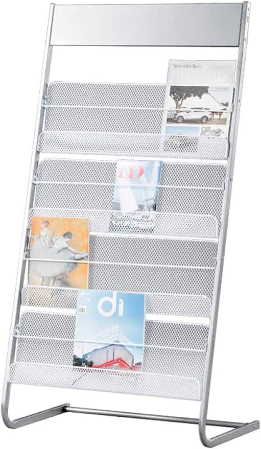GENMO Floor-Standing Magazine Rack, Carbon Iron Steel, Silver, 4 Large Shelves, Convenient Installation, Suitable for Reception Areas