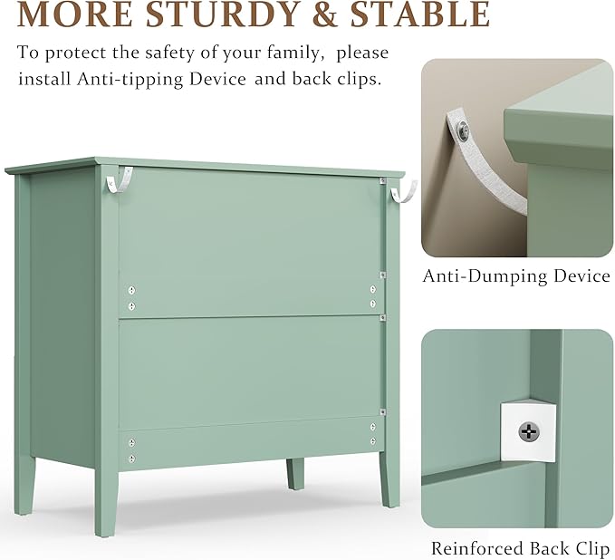 Large Sage Green Fluted 3-Section Set of 2, Modern 30 Inch Tall Wood Side Unit with Ball Bearing Slides, Wide Accent Furniture with Spacious Compartments for Living Room Entryway