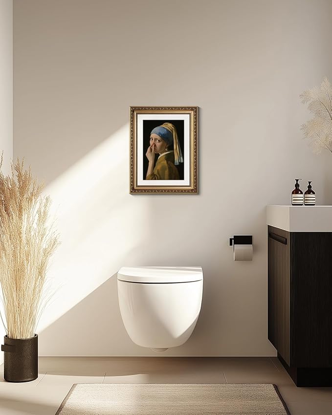 ARPEOTCY Gold Framed Canvas Wall Art, 11x14 Inch Vintage Funny Bathroom Art, Retro Toilet Parody of Girl with a Pearl Earring, Classical Minimalist Oil Painting Print for Restroom or Home Decor