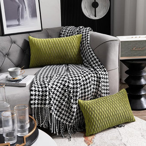 12x20 Moss Green Throw Pillow Cases: 2 Pack Original Striped Velvet Rectangular Decorative Pillow Covers for Farmhouse Couch