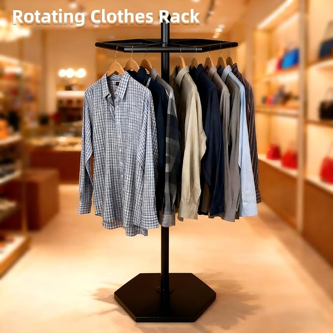 Heavy-Duty Metal Rotating Clothes Rack，Rack Load 200lbs,Round Clothing Rack，Retail Clothing & Garment Racks,With Adjustable Pad Base, For Bedroom, Boutique & Laundry Room（Black）