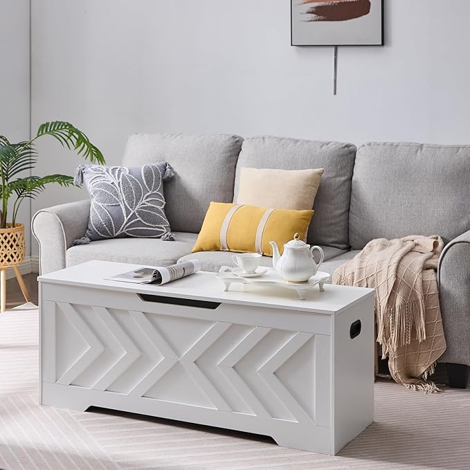Storage Chest Extra Large,Storage Trunk with 2 Safety Hinges,Wooden Storage Bench,Shoe Bench,47.2x15.7x19.1 Inch,Easy Assembly,Storage Bench for Bedroom,Living Room,entryway (White, 47.2x15.7x19)