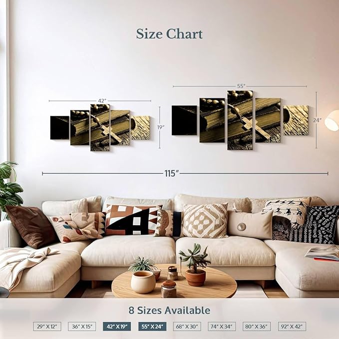 Elephant Stock Bible And Cross Wall Art Multi Piece Canvas - 5 Panel Christian Pictures Decor - Digital Design Canvas Print - Christian Wall Decor - 42" X 19"