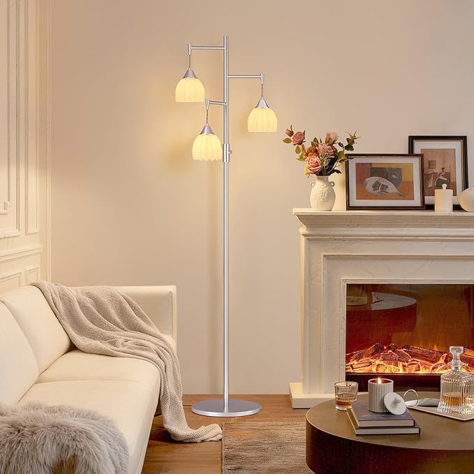Dimmable Floor Lamp for Living Room, Bedroom, Nickel Standing Lamp with 3pcs 6W Bulbs, Vintage Floor Lamps for Corner, Nursery (White Tulip)