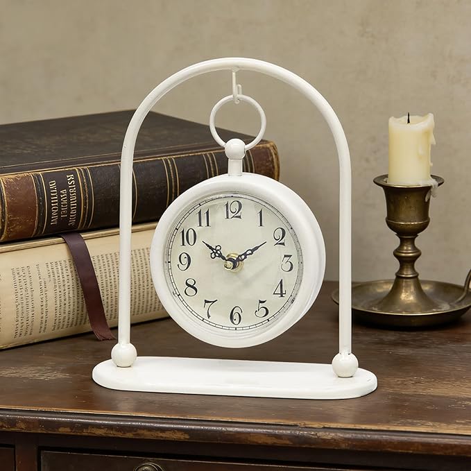 Vintage Small Table Clock, Farmhouse Table Clock, Silent Non-Ticking Battery Operated Desk and Shelf Clocks for Living Room Bedroom Kitchen Home Decor-Cream