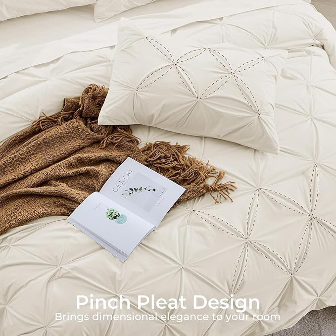 Sasttie Full Size Comforter Set, 7-Piece Bed in a Bag Double, Pintuck Bedding Set for All Season, Includes Comforter, Flat Sheet, Fitted Sheet, Pillowcases and Pillowshams, Beige