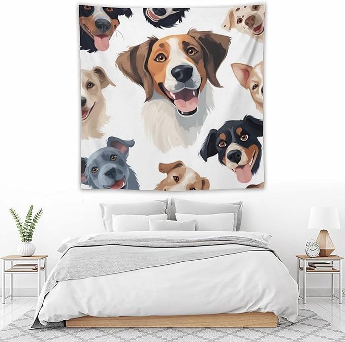 VUMIVI Cartoon Dog Tapestry Black & White Pet Dog Heads Cute Illustration Modern Creative Design Tapestry Wall Hanging for Living Room Bedroom Dorm Classroom Aesthetic Decor W60xL60in