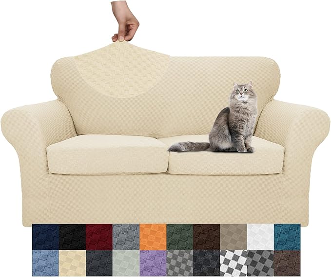 YEMYHOM Latest Checkered 3 Pieces Couch Covers for 2 Cushion Couch High Stretch Thickened Love Seat Sofa Cover for Dogs Pets Anti Slip Elastic Loveseat Slipcover Protector (Beige), 55"-69"(2 CUSHIONS)