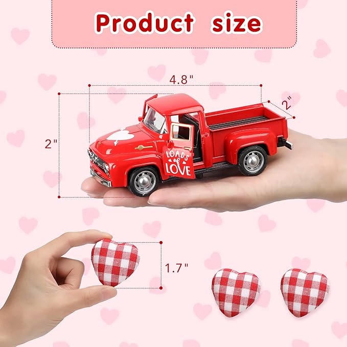 Valentine's Day Metal Farm Truck Tiered Tray Decor, Fall Farmhouse Vintage Diecast Truck Decor Model with Heart for Home Décor 4.8inch (Red)