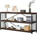 IBF Walnut Low Wide Bookcase, Vintage 63 Inch Long 3 Tier Open Book Shelf, Farmhouse Big Wood Metal Sturdy Bookshelf Display Case, Simple Large Etagere Bookshelves for Home Living Room Office Bedroom