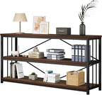 IBF Walnut Low Wide Bookcase, Vintage 63 Inch Long 3 Tier Open Book Shelf, Farmhouse Big Wood Metal Sturdy Bookshelf Display Case, Simple Large Etagere Bookshelves for Home Living Room Office Bedroom