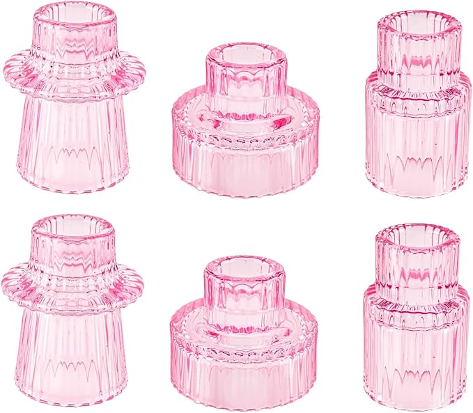 Double Sided Vintage Ribbed Taper Glass Candle Holders,Tea Candle Holder for Table Centerpieces, Wedding Decorations and Dinner Parties (Pink, 6 PCS)
