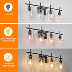 Modern Glass Vanity Light Fixture,4 Light Industrail Black Metal Vanity Light for Bathroom Bedroom Living Room