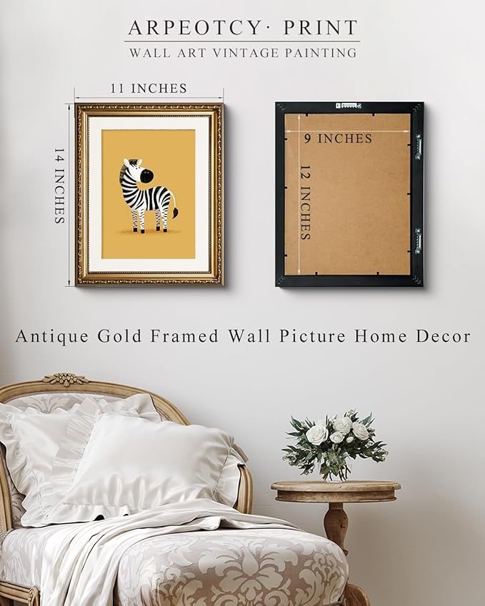 ARPEOTCY Gold Framed Canvas Wall Art, 11x14 Inch Cute Zebra Nursery Wall Decor for Kids Room, Cartoon Safari Animal Artwork for Baby Room, Playroom, Toddler Bedroom Decorations