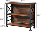 HOMBAZAAR 3-Tier Small Bookshelf, 35.4 Inch Short Book Shelf with Sturdy Metal Frame & Wood Shelves, Rustic Brown Industrial Bookcase for Living Room, Bedroom, Office