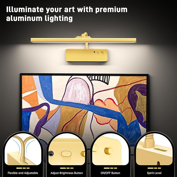 Picture Light, 15.35inch Wireless Picture Lights for Wall Rechargeable, 5400mAh Battery Wall Light with Remote, 3 Color Art Lighting for Paintings with Timer and Dimmable Artwork Display (Gold-2PCS)