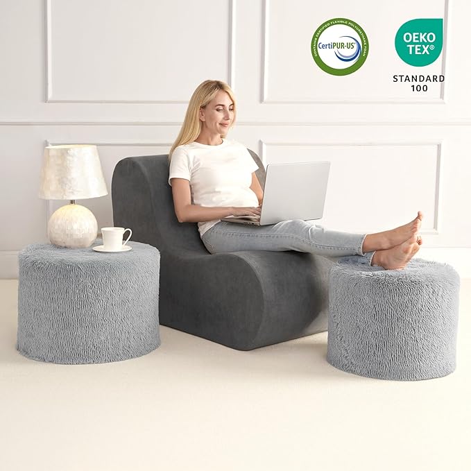 Hansleep Round Pouf Ottoman Foot Rest, 20 x 15 Small Faux Fur Stuffed Pouf for Chair, Foam Filled Foot Stools Ottomans for Living Room, Grey