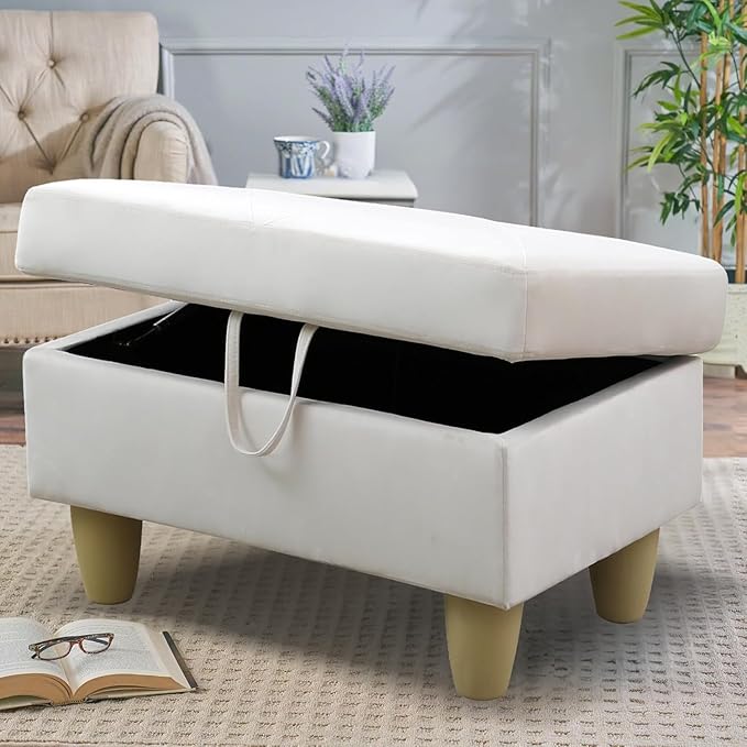 Simple Deluxe Ottoman with Storage, 28.5''Upholstered Foot Rest Stool for Living Room, Bedroom, Entryway, Multi-Functional Storage Ottoman Bench with Hinged Lid, White