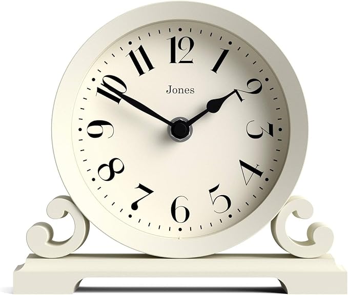 JONES CLOCKS® Saloon Mantel Clock | Traditional Double Scroll Design | Pale Cream | Contemporary Classic Style for Desk, Table, Shelf or Bedside
