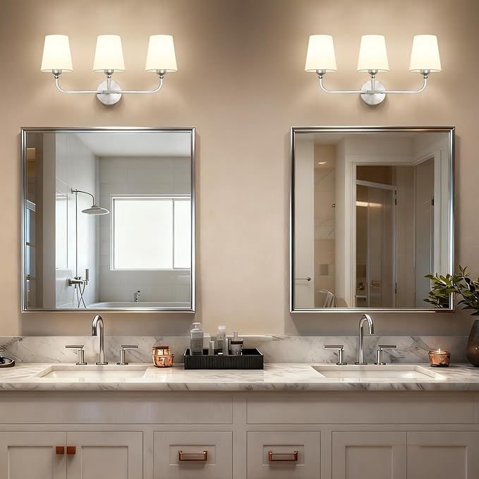 Kvhilw Bathroom Vanity Light, Brushed Nickel Bathroom Light Fixtures, 3-Light Lighting Fixtures Over Miror, Modern Wall Sconce with Flared White Fabric Shade, E26 Socket(ETL Listed)