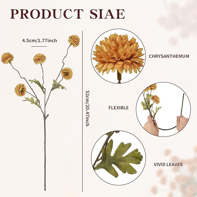 DuHouse 6pcs Artificial Flowers Faux Silk Pompon Mum,Silk Small Mini Chrysanthemum Ball with Stems for DIY Bouquets Centerpieces Vase Home Table Kitchen Decorations(Vintage Yellow)