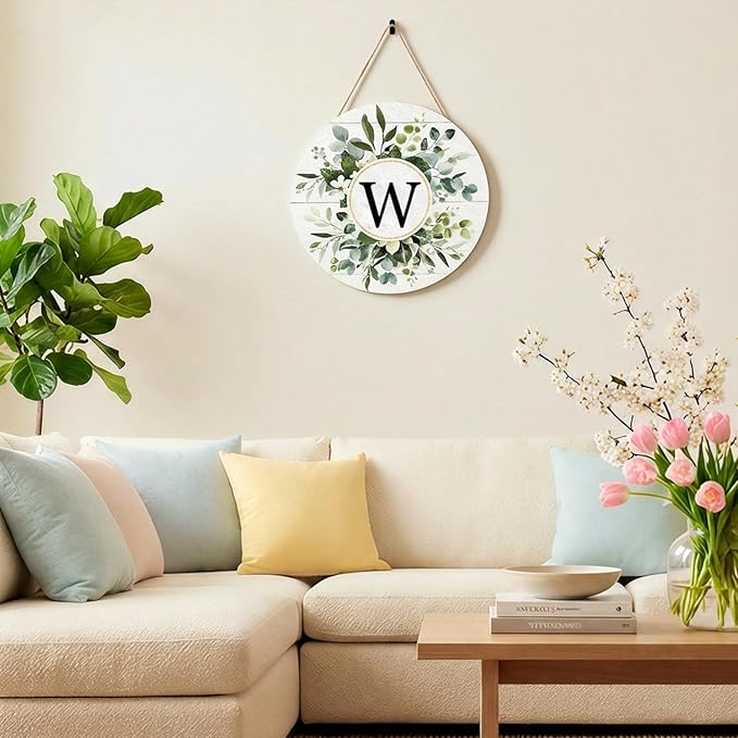 Smile Monogram Letter W Wreaths Wooden Welcome Sign, Family Last Name Initial Front Door Wall Decoration, Floral Spring Summer Porch Rustic Home Kitchen Decor