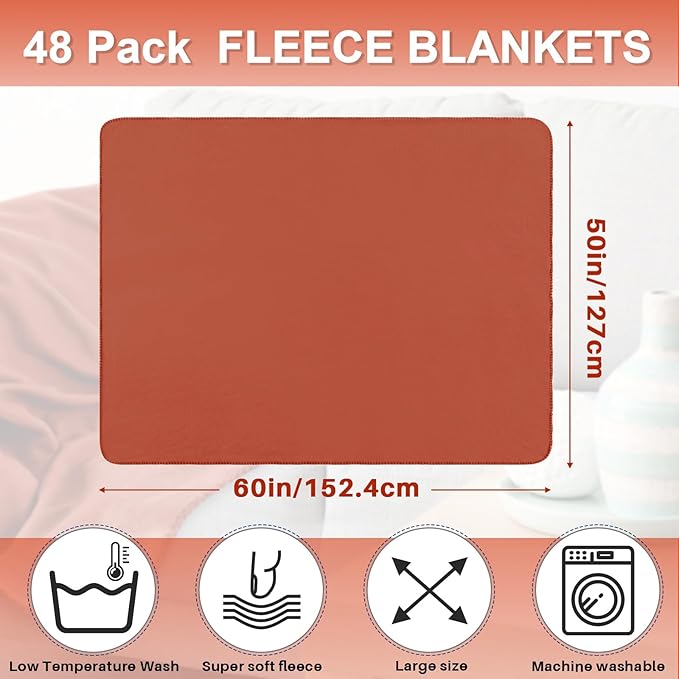 Newwiee 48 Pcs Fleece Throw Blankets Bulk 50'' x 60'' Oeko-tex Standard 100 Certified Spring Outdoor Wedding Guest Blankets Lightweight for Sleepover Donation Lap Pet Sofa Home (Reddish Brown)