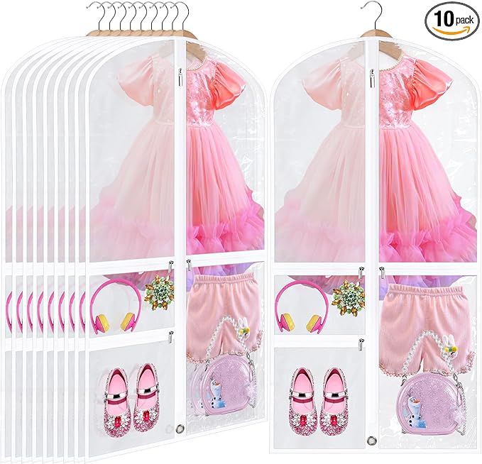 Windyun 10 Pack Garment Bags for Dance Costumes Kids 40 Inch Clothing Bags Hanging Clothes with 3 Clear Zipper Pocket Waterproof Garment Cover for Dance Competition, Travel, Closet Storage(White)