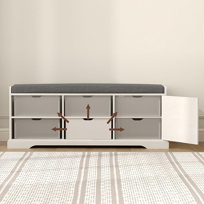 HOMEFORT 47" Shoe Storage Bench with Cushion Seat, Entryway Bench with Adjustable Shelf and Barn Door,2- Tier Farmhouse Shoe Rack Cabinet Bench with Drawer, for Bedroom, Hallway, Antique White