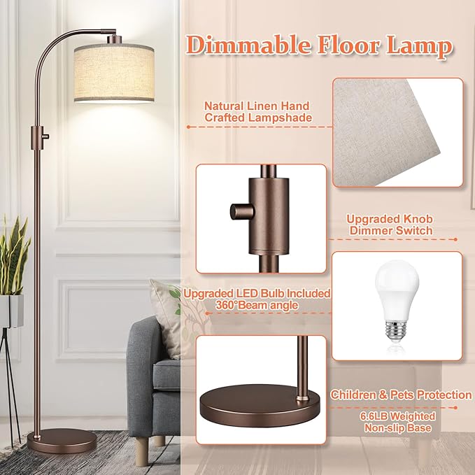 Upgraded Dimmable Floor Lamp, 1200 Lumens LED Bulb Included, Bronw Arc Floor Lamp with Linen Shade for Living Room, Bedroom, Reading Room, Nursery