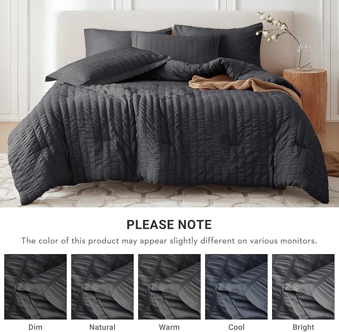 MUXHOMO 7 Pieces Full Comforter Set, Seersucker Bed in a Bag Full Size, All Season Luxury Bedding Set with Comforter, Flat Sheet, Fitted Sheet, Pillowcases & Shams, Dark Grey