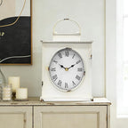 MODE HOME Vintage Mantel Clock, Large Rustic Distressed Metal Table Clock with Handle, Silent Non-Ticking Quartz Movement, Whitewashed Fireplace Shelf Desk Clock for Living Room Bedroom Office