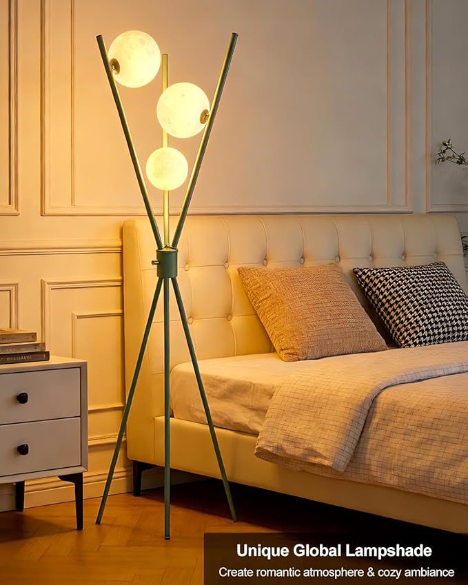 Lightdot Dimmable Green Tripod Floor Lamp, Mid Century Standing Lamps with 3 Globe Soft Warm White Eye Care 3000K Bulbs Included, Modern Tall Lamp for Living Room/Bedroom/Sofa Beside/Corner Decor