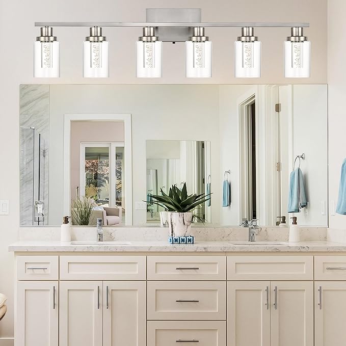 MELUCEE 6-Light LED Bathroom Vanity Light, Modern Brushed Nickel Bathroom Light Bar with Crystal Bubble Clear Glass Shade, Dimmable Bathroom Wall Sconce Lamp 3000K-6000K, Built-in LED Chips