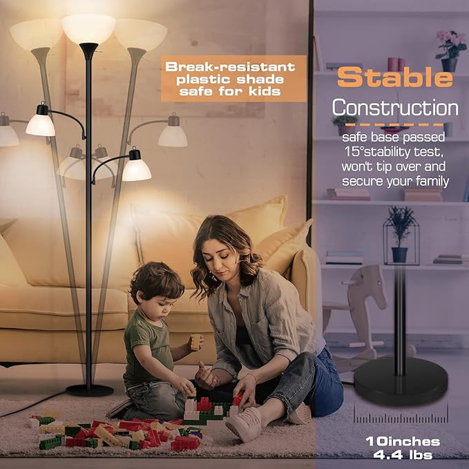 Luvkczc Floor Lamps for Living Room, 72" Tall Torchiere Floor Lamp with 8W Adjustable Reading Lights, Industrial Lamps for Living Room, Bedroom, Office, Black Tree Floor Lamp【3 Bulbs Included】