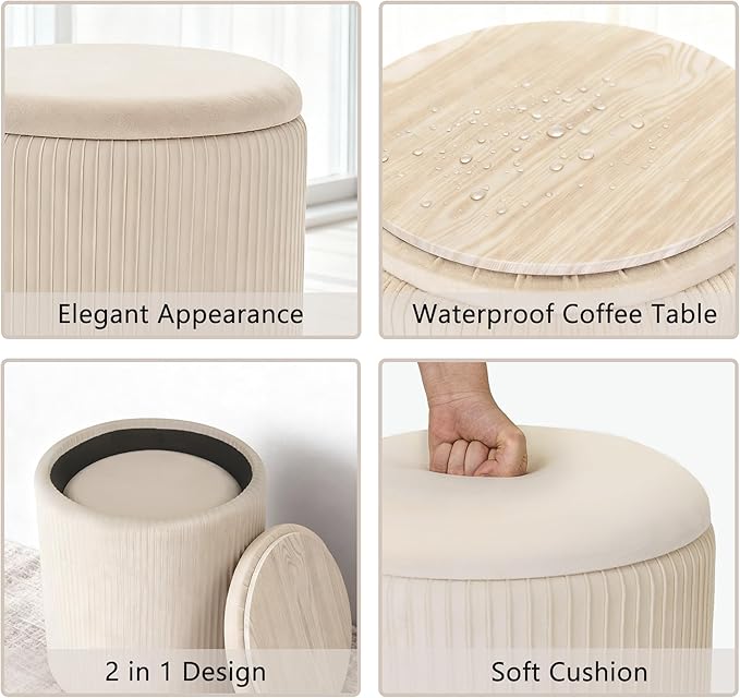 CAROLMADE Set of 2 Round Ottoman with Storage, Upholstered Vanity Stool Support 330lbs Multifunctional Coffee Table Ottoman Velvet Foot Rest Stool or Living Room Bedroom Dorm (Beige)