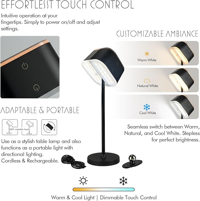 2 Pack Dual-Tone Rechargeable Cordless Desk Lamp – Black & White Portable Table Light, Type-C Charging Table lamp, Touch Control, 3 Color Temps, Stepless Dimming for Reading Study Bedside