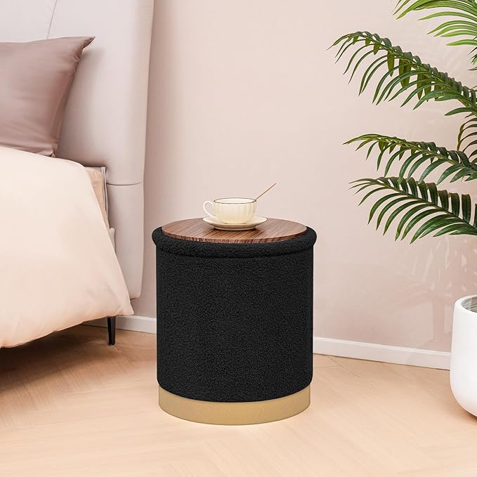 Round Storage Ottoman with Reversible Tray Top, 16.3" Boucle Ottoman Footrest Stool with Metal Base, Upholstered Vanity Stool with Storage for Living Room Bedroom, Black