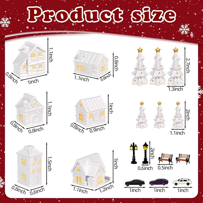 Bbiamsleep 1 Inch Christmas Mini Village Sets White Resin Miniature Village Houses Figurines and Accessories Christmas Miniature Houses for Home Xmas Winter Decor, Set of 19