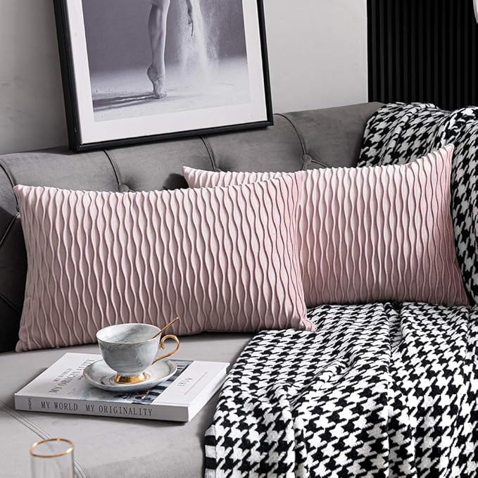12x20 Pink Throw Pillow Covers: 2 Pack Original Striped Velvet Rectangular Decorative Pillow Cases for Farmhouse Couch