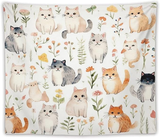 VUMIVI Cute Cat Tapestry Cartoon Pets Flowers Mushrooms Butterflies Watercolor Illustrations Tapestry Wall Hanging for Living Room Bedroom Dorm Classroom Aesthetic Decor W60xL50in